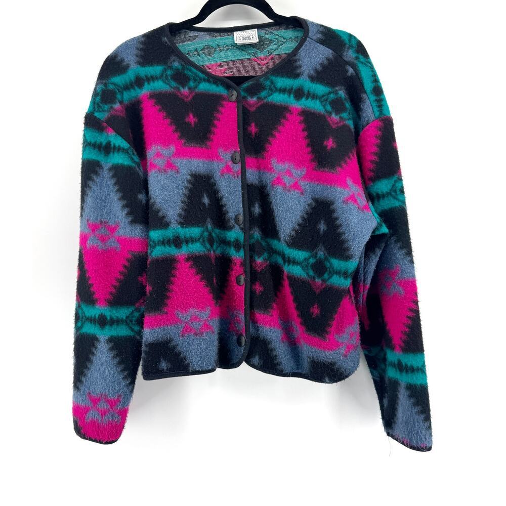 VTG David Wayne 80s Aztec Womens Sz Medium Button Down Fleece Cardigan